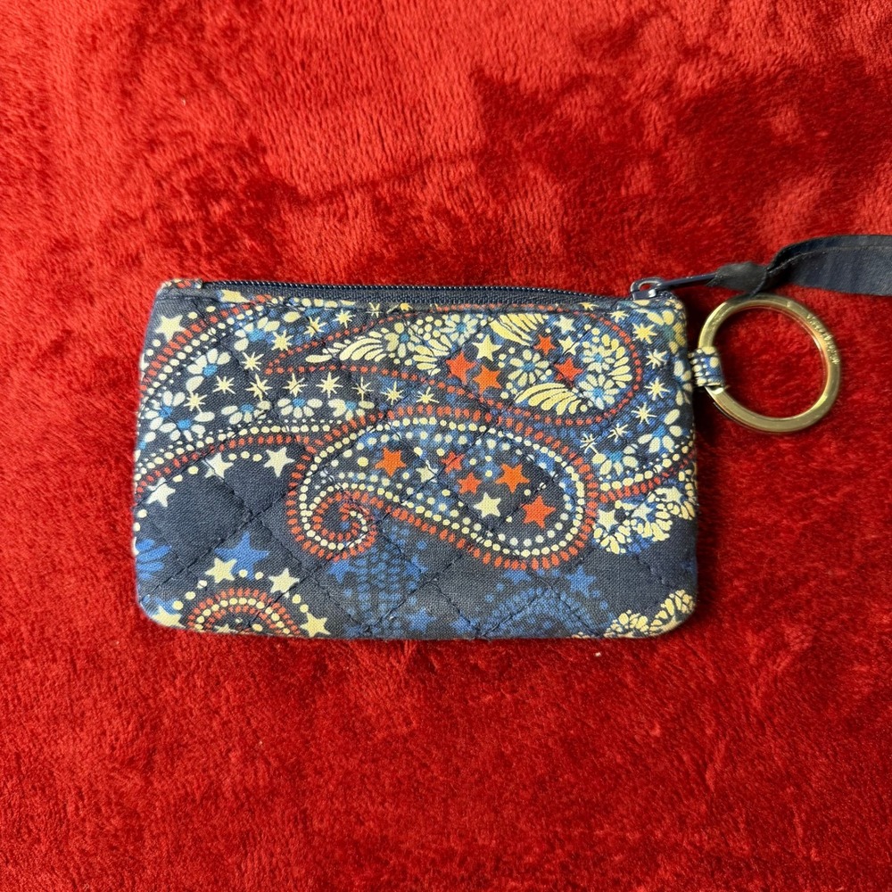 Vera Bradley Zip ID Case Blue Paisley Star Quilted Wallet Keychain 22635-P05